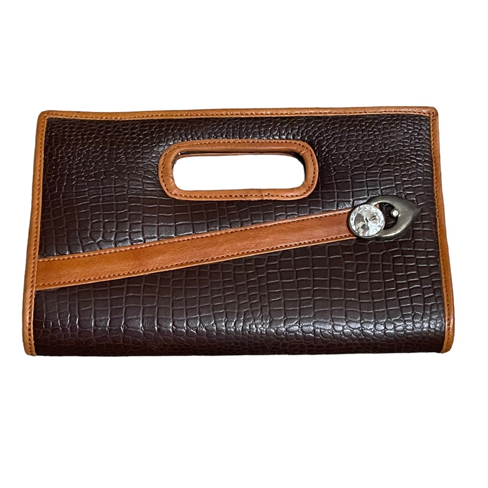 Leather Clutch Evening Bag Croc Embossed Rhinestone Embellishment Brown